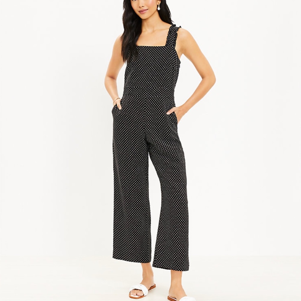 Loft Dotted Ruffle Strap Square Neck Jumpsuit Black White Polka Dot Size 2 NWT